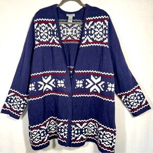Catherine’s Cardigan Women 1X Blue/White Red Accents Fair Isle Southwest Cozy